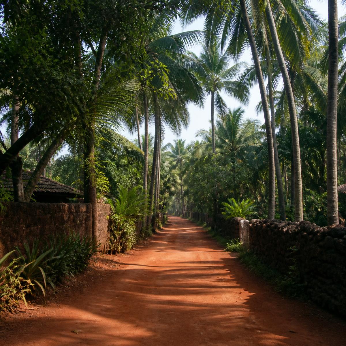 Palm-lined red-earth village road in North Goa near Ashvem