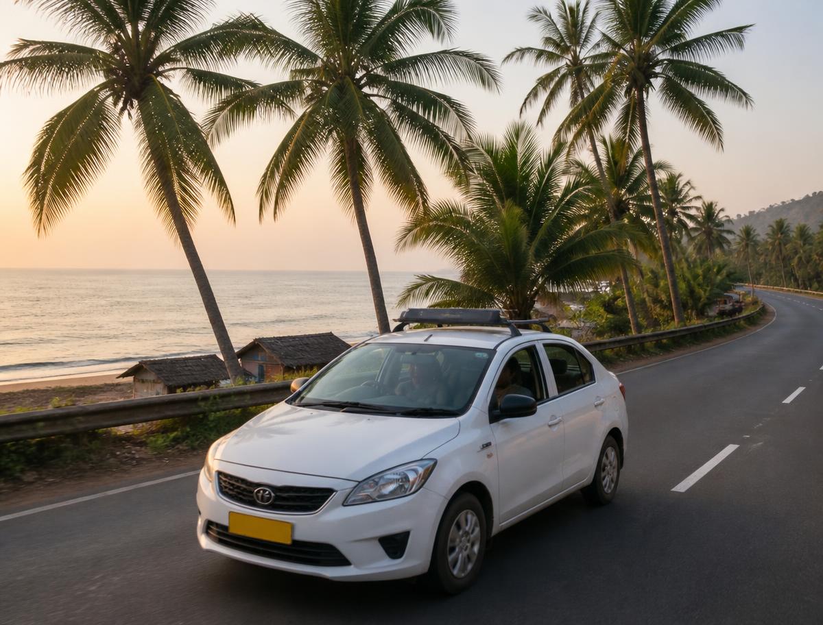 Taxi driving along a coastal highway in Goa for airport transfers